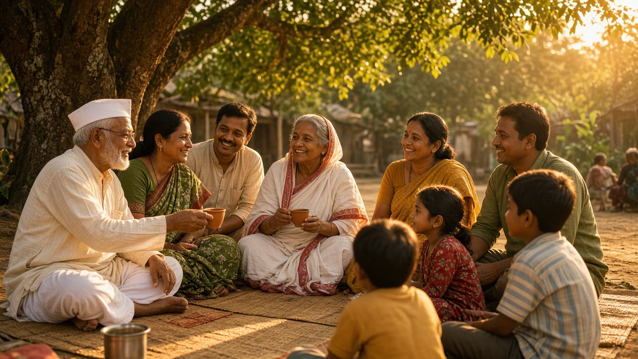 Neighbours sitting together under a tree